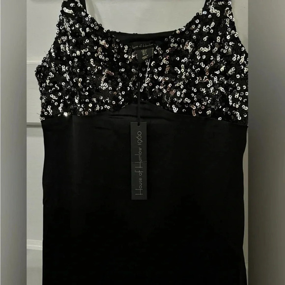 House of Harlow 1960 Sequined Black Satin Slip Dress Long New Prom Formal Gown - Picture 5 of 6
